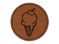 Hand Drawn Cute Ice Cream Cone Doodle Round Iron-On Engraved Faux Leather Patch Applique - 2.5"