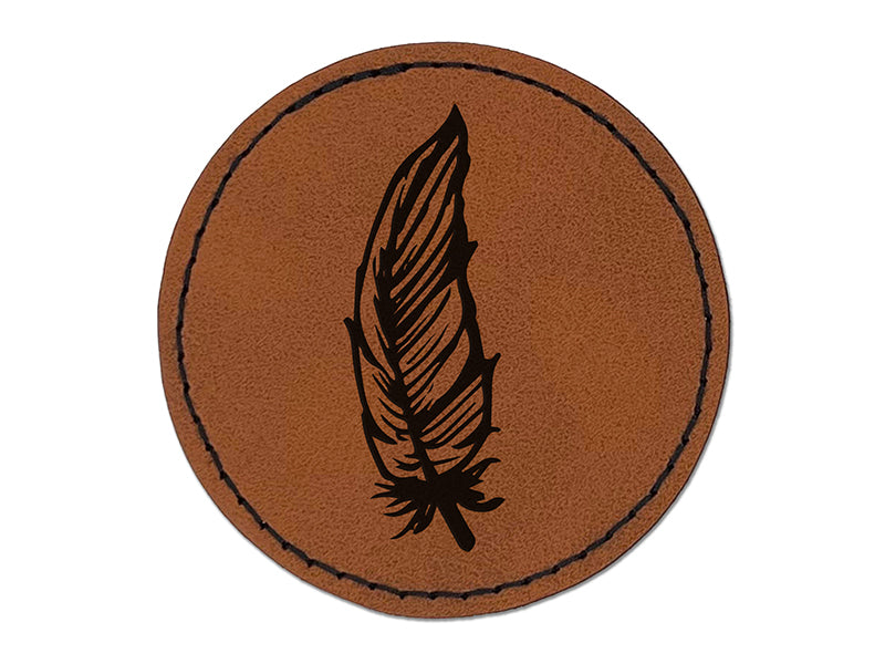 Hand Drawn Feather Doodle Round Iron-On Engraved Faux Leather Patch Applique - 2.5"