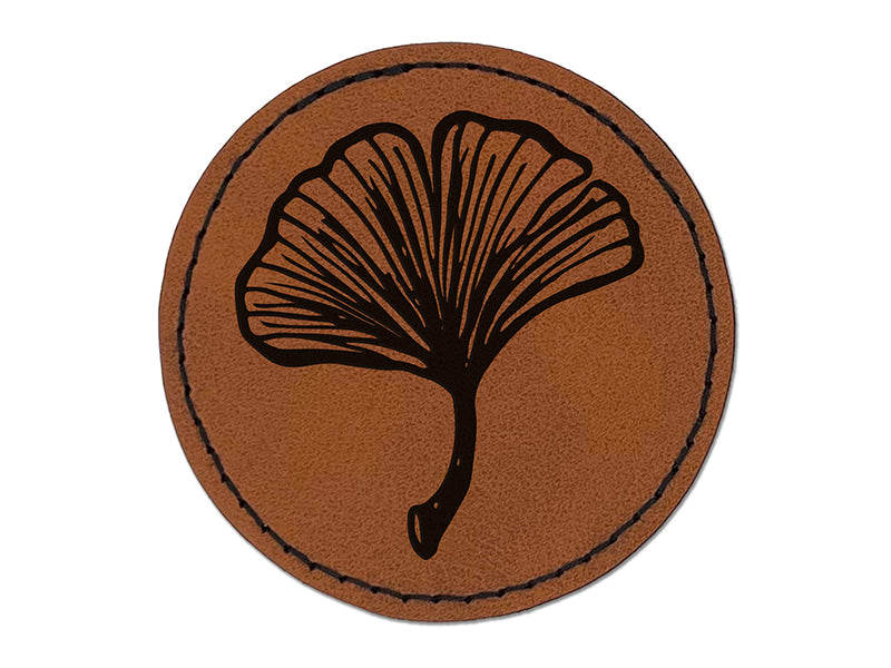 Hand Drawn Ginkgo Leaf Doodle Round Iron-On Engraved Faux Leather Patch Applique - 2.5"