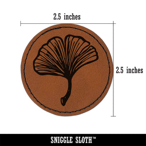 Hand Drawn Ginkgo Leaf Doodle Round Iron-On Engraved Faux Leather Patch Applique - 2.5"