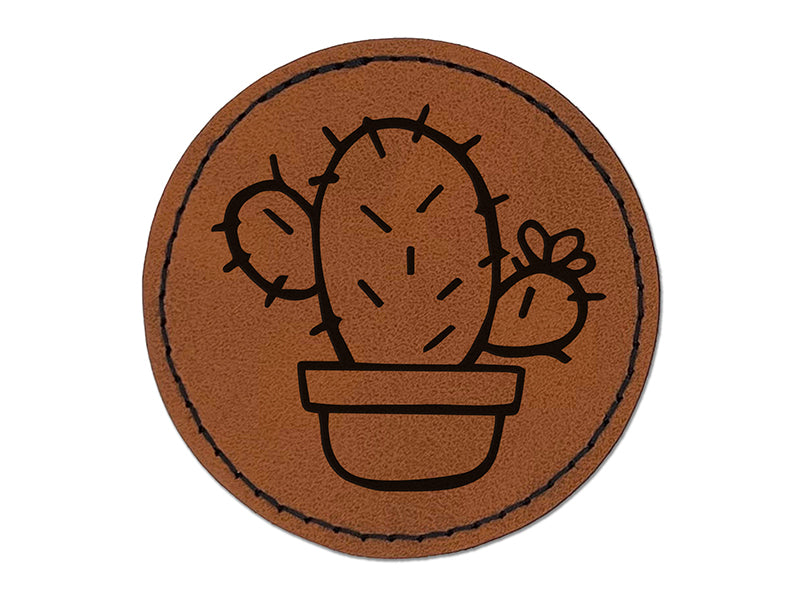Hand Drawn Prickly Pear Cactus Doodle Round Iron-On Engraved Faux Leather Patch Applique - 2.5"