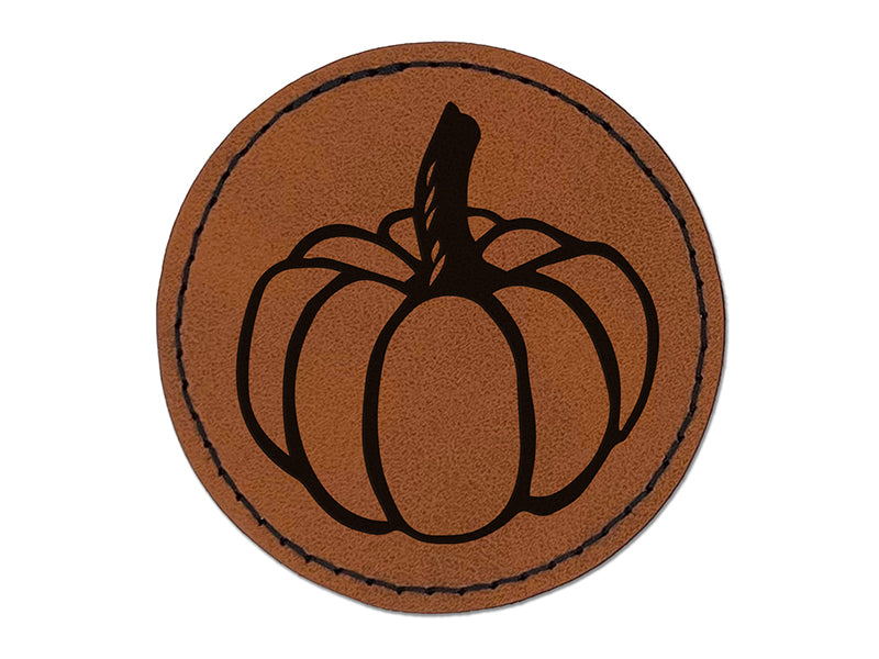 Hand Drawn Pumpkin Tall Stem Doodle Fall Thanksgiving Halloween Round Iron-On Engraved Faux Leather Patch Applique - 2.5"