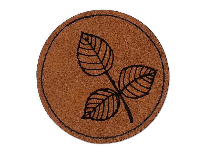 Hand Drawn Rose Leaves Doodle Round Iron-On Engraved Faux Leather Patch Applique - 2.5"