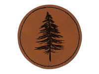 Hand Drawn Sketchy Christmas Evergreen Tree Round Iron-On Engraved Faux Leather Patch Applique - 2.5"