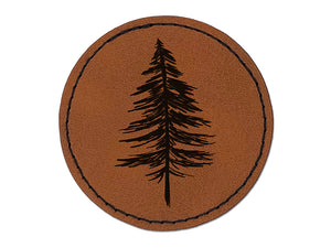 Hand Drawn Sketchy Christmas Evergreen Tree Round Iron-On Engraved Faux Leather Patch Applique - 2.5"