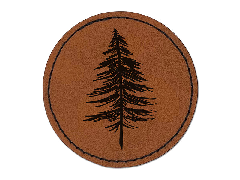 Hand Drawn Sketchy Christmas Evergreen Tree Round Iron-On Engraved Faux Leather Patch Applique - 2.5"