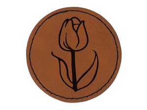 Hand Drawn Tulip Flower Doodle Round Iron-On Engraved Faux Leather Patch Applique - 2.5"