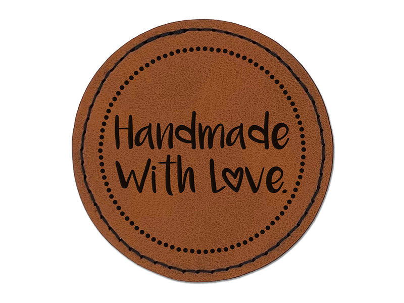 Handmade with Love Heart Dotted Circle Round Iron-On Engraved Faux Leather Patch Applique - 2.5"