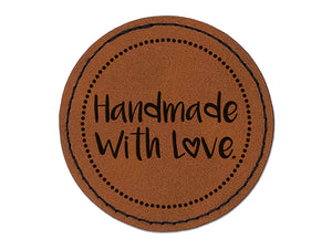 Handmade with Love Heart Dotted Circle Round Iron-On Engraved Faux Leather Patch Applique - 2.5"