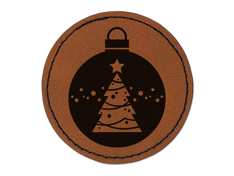 Holiday Ornament Christmas Evergreen Tree Round Iron-On Engraved Faux Leather Patch Applique - 2.5"
