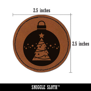 Holiday Ornament Christmas Evergreen Tree Round Iron-On Engraved Faux Leather Patch Applique - 2.5"