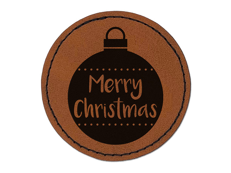 Holiday Ornament Merry Christmas Round Iron-On Engraved Faux Leather Patch Applique - 2.5"