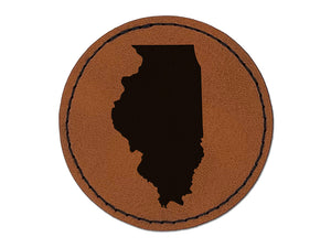 Illinois State Silhouette Round Iron-On Engraved Faux Leather Patch Applique - 2.5"