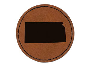 Kansas State Silhouette Round Iron-On Engraved Faux Leather Patch Applique - 2.5"