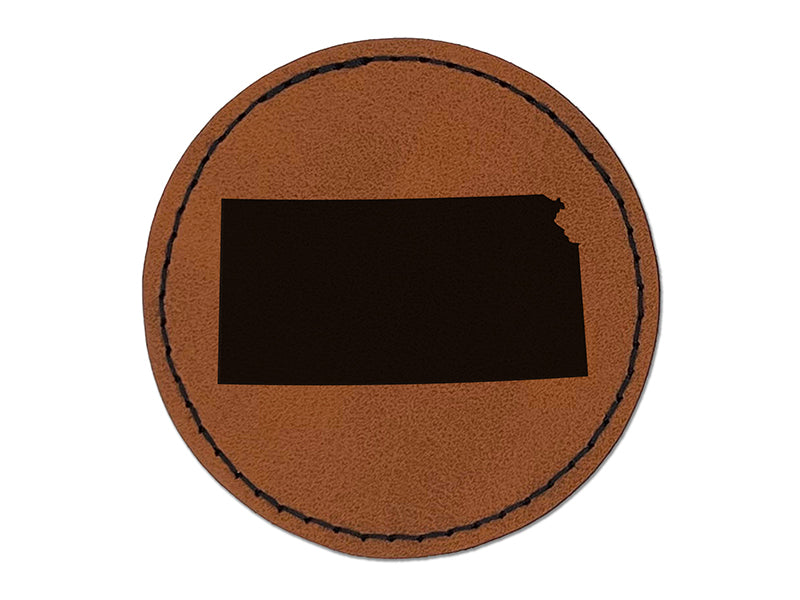 Kansas State Silhouette Round Iron-On Engraved Faux Leather Patch Applique - 2.5"