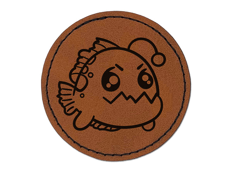Kawaii Anglerfish Round Iron-On Engraved Faux Leather Patch Applique - 2.5"