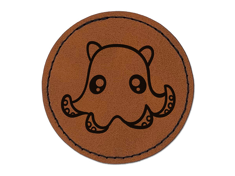 Kawaii Flapjack Octopus Round Iron-On Engraved Faux Leather Patch Applique - 2.5"