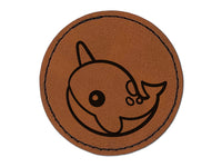 Kawaii Narwhal Round Iron-On Engraved Faux Leather Patch Applique - 2.5"