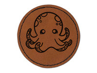 Kawaii Octopus Round Iron-On Engraved Faux Leather Patch Applique - 2.5"