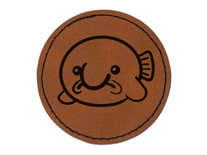 Kawaii Sad Blobfish Round Iron-On Engraved Faux Leather Patch Applique - 2.5"