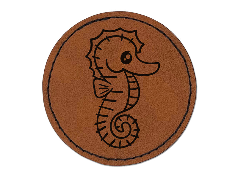 Kawaii Seahorse Round Iron-On Engraved Faux Leather Patch Applique - 2.5"