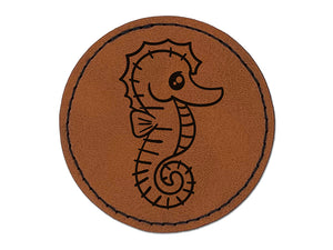 Kawaii Seahorse Round Iron-On Engraved Faux Leather Patch Applique - 2.5"