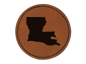 Louisiana State Silhouette Round Iron-On Engraved Faux Leather Patch Applique - 2.5"