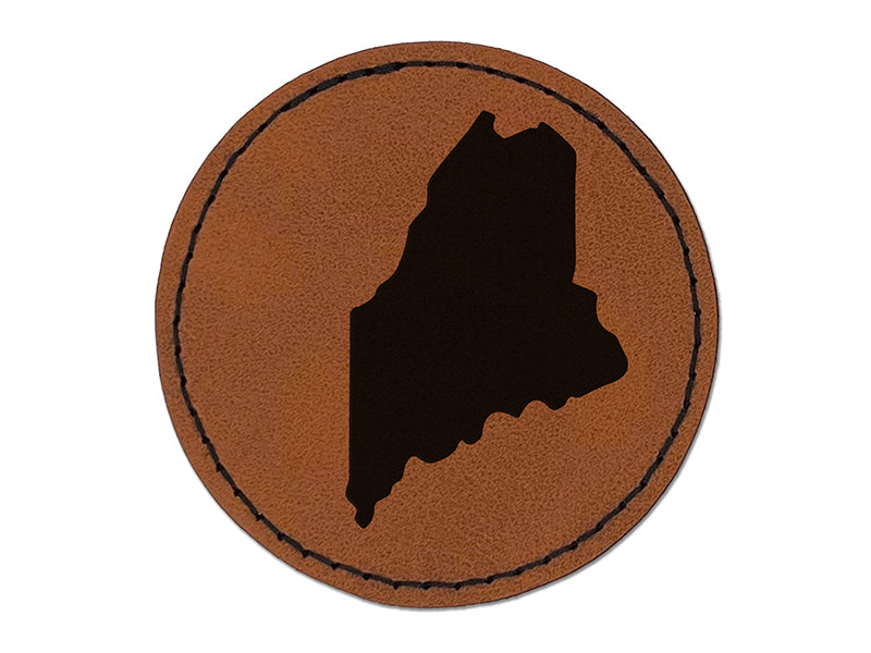 Maine State Silhouette Round Iron-On Engraved Faux Leather Patch Applique - 2.5"