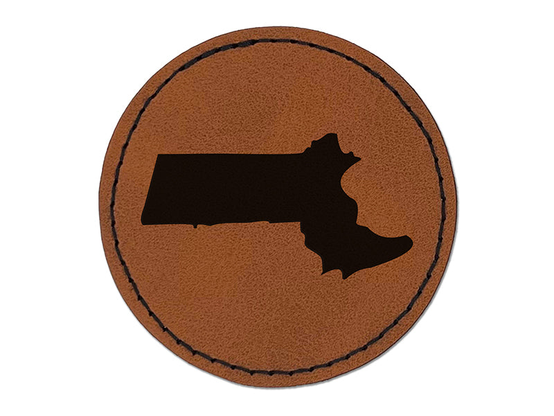 Massachusetts State Silhouette Round Iron-On Engraved Faux Leather Patch Applique - 2.5"