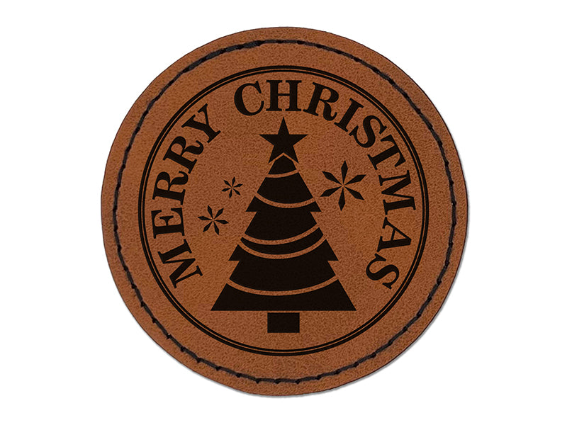 Merry Christmas Holiday Evergreen Tree Round Iron-On Engraved Faux Leather Patch Applique - 2.5"