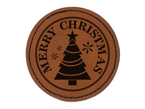 Merry Christmas Holiday Evergreen Tree Round Iron-On Engraved Faux Leather Patch Applique - 2.5"