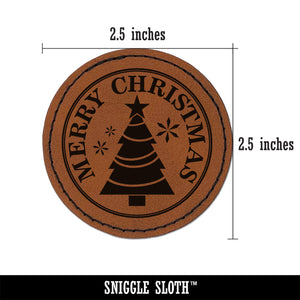 Merry Christmas Holiday Evergreen Tree Round Iron-On Engraved Faux Leather Patch Applique - 2.5"