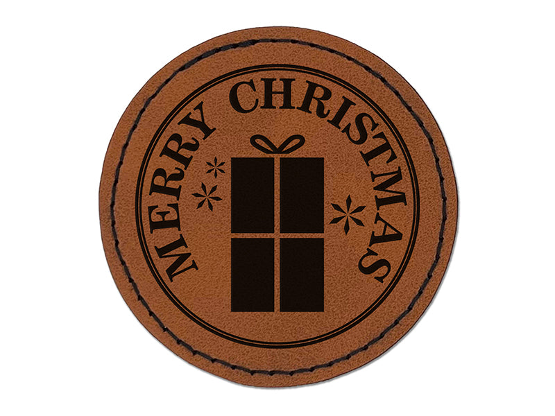 Merry Christmas Holiday Gift Round Iron-On Engraved Faux Leather Patch Applique - 2.5"