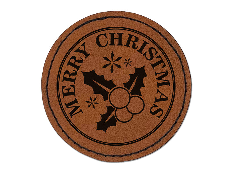 Merry Christmas Holiday Holly Berry Leaf Round Iron-On Engraved Faux Leather Patch Applique - 2.5"