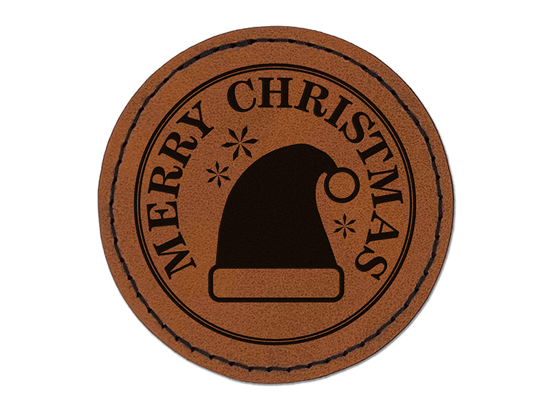 Merry Christmas Holiday Santa Hat Round Iron-On Engraved Faux Leather Patch Applique - 2.5"