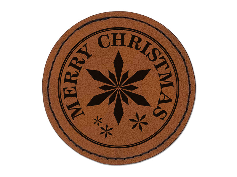Merry Christmas Holiday Snowflake Round Iron-On Engraved Faux Leather Patch Applique - 2.5"