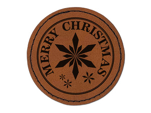 Merry Christmas Holiday Snowflake Round Iron-On Engraved Faux Leather Patch Applique - 2.5"