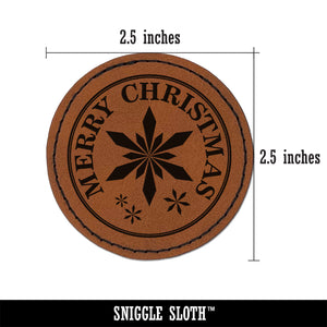 Merry Christmas Holiday Snowflake Round Iron-On Engraved Faux Leather Patch Applique - 2.5"