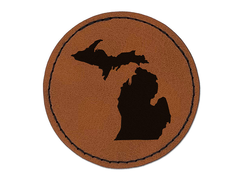 Michigan State Silhouette Round Iron-On Engraved Faux Leather Patch Applique - 2.5"