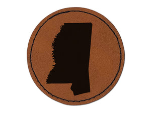 Mississippi State Silhouette Round Iron-On Engraved Faux Leather Patch Applique - 2.5"