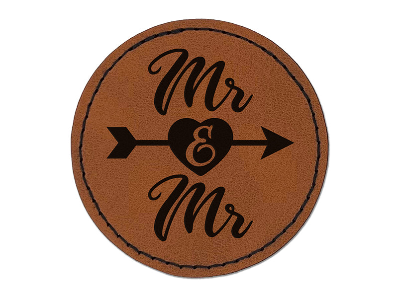 Mr and Mr Heart and Arrow Wedding Round Iron-On Engraved Faux Leather Patch Applique - 2.5"