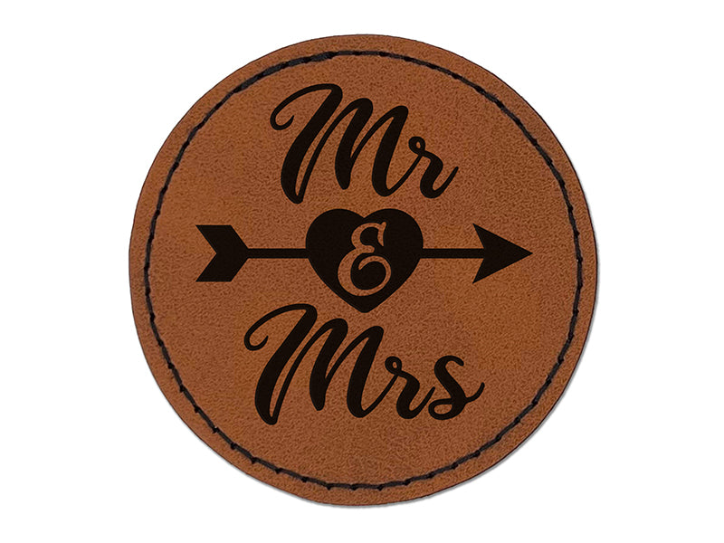 Mr and Mrs Heart and Arrow Wedding Round Iron-On Engraved Faux Leather Patch Applique - 2.5"