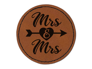 Mrs and Mrs Heart and Arrow Wedding Round Iron-On Engraved Faux Leather Patch Applique - 2.5"