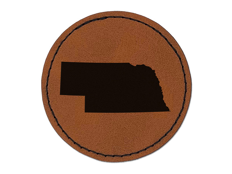 Nebraska State Silhouette Round Iron-On Engraved Faux Leather Patch Applique - 2.5"