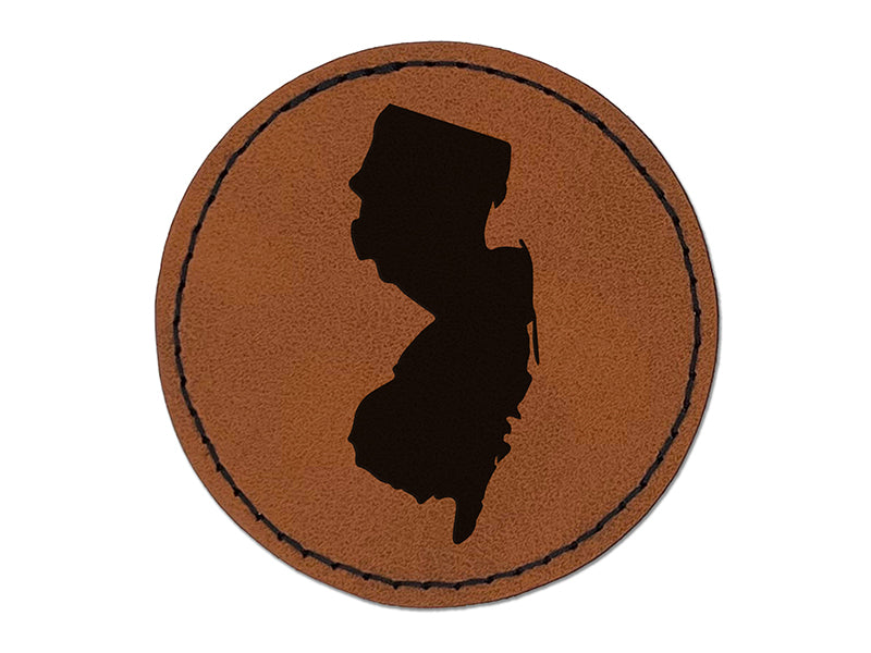 New Jersey State Silhouette Round Iron-On Engraved Faux Leather Patch Applique - 2.5"