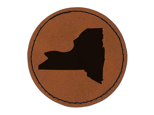 New York State Silhouette Round Iron-On Engraved Faux Leather Patch Applique - 2.5"