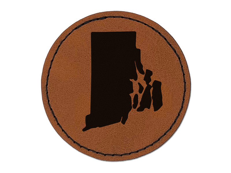 Rhode Island State Silhouette Round Iron-On Engraved Faux Leather Patch Applique - 2.5"