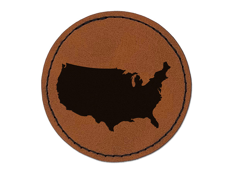 USA United States America Country Silhouette Round Iron-On Engraved Faux Leather Patch Applique - 2.5"
