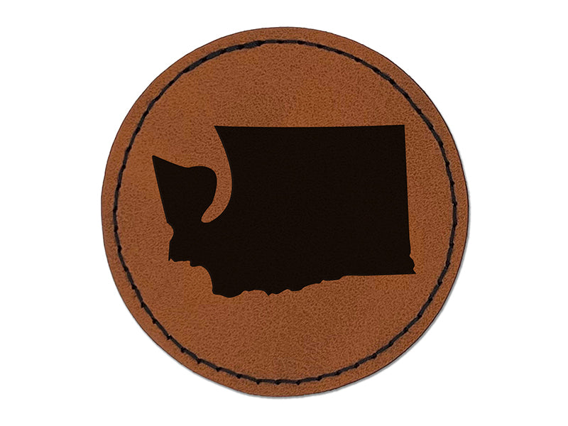 Washington State Silhouette Round Iron-On Engraved Faux Leather Patch Applique - 2.5"