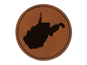 West Virginia State Silhouette Round Iron-On Engraved Faux Leather Patch Applique - 2.5"